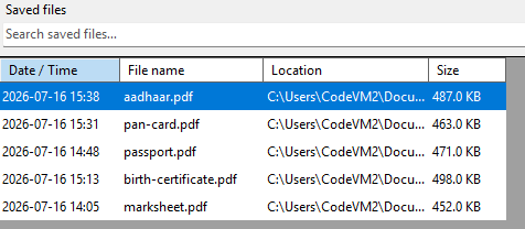 Saved files list showing file name, date, location and size