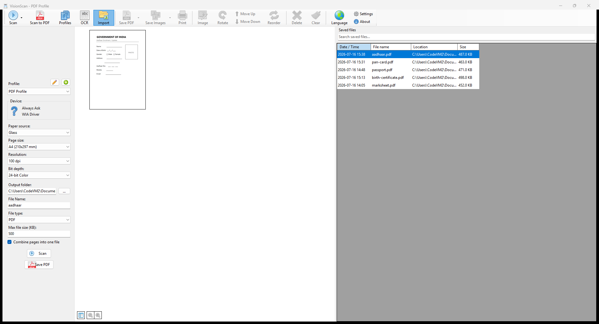 VisionScan main window — scan settings on the left, document preview in the centre, saved files list on the right